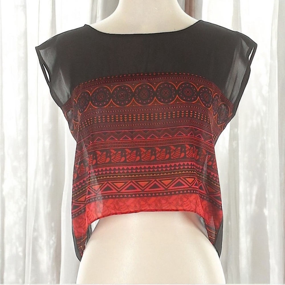 Global Desi Black Red Sheer Boho Crop Blouse | XS - Picture 2 of 10